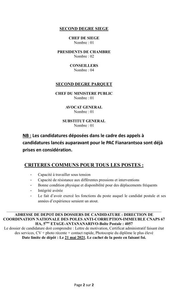 Appel à candidatures pour certains postes du PAC Fianarantsoa page 1