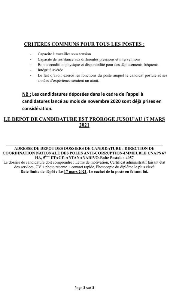 Prorogation de dépôt de dossier de candidature pour certains postes du PAC  de MAHAJANGA et de FIANARANTSOA Page 3 sur 3