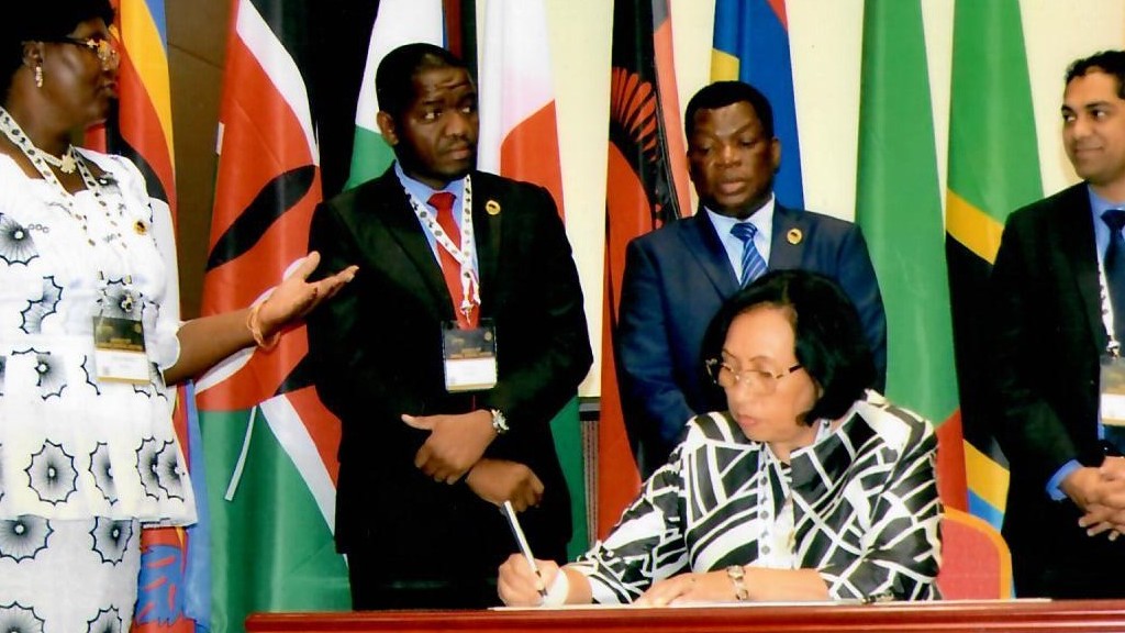 Signature par Mme RATIARAISOA Harimahefa, Chef de délégation Malagasy de la « Déclaration de Dar es Salaam » au nom de l’Etat...