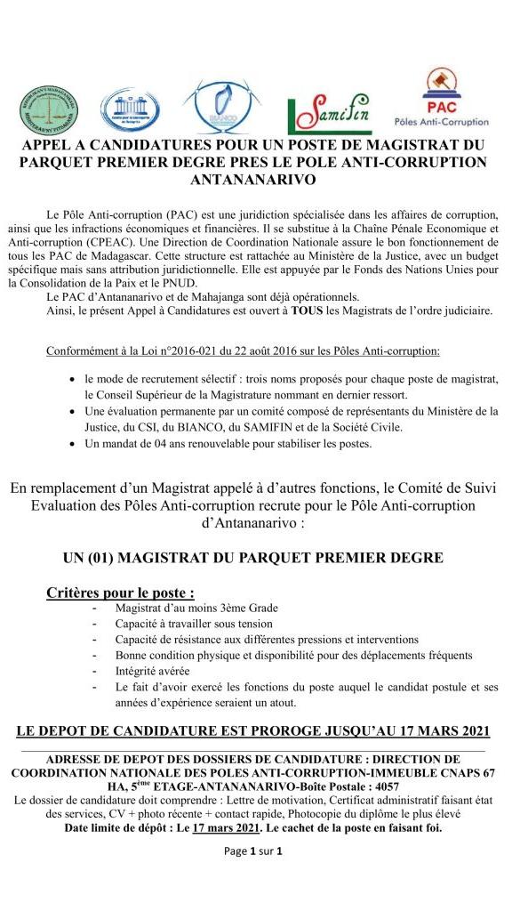 Prorogation de dépôt de dossier de candidature MAGISTRAT DU PARQUET TANA Page 1 sur 1