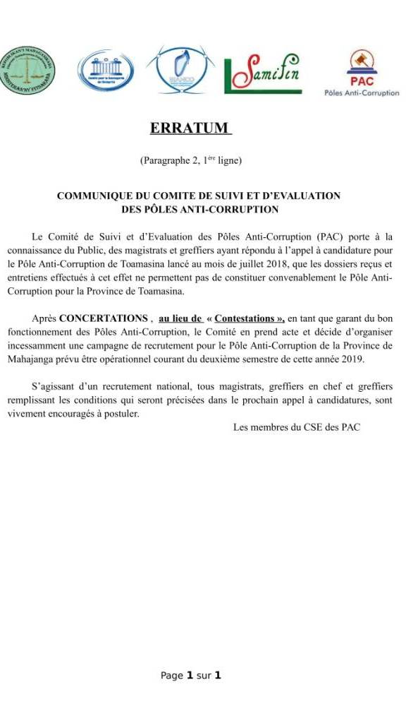 Communiqué Rectificatif du CSE en date du 6 mars 2019