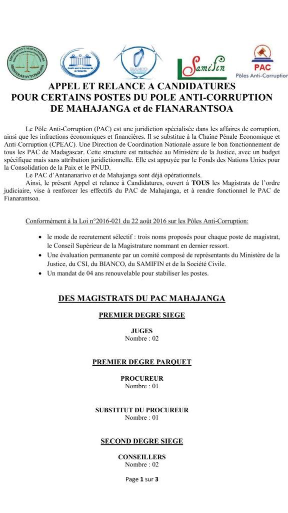 Prorogation de dépôt de dossier de candidature pour certains postes du PAC  de MAHAJANGA et de FIANARANTSOA Page 1 sur 3