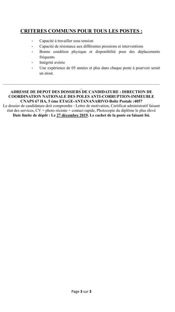 Page 3  de l'appel à candidatures pour le Pôle anti-corruption d'Antananarivo et de Mahajanga. Il est souligné que les Magistrats...