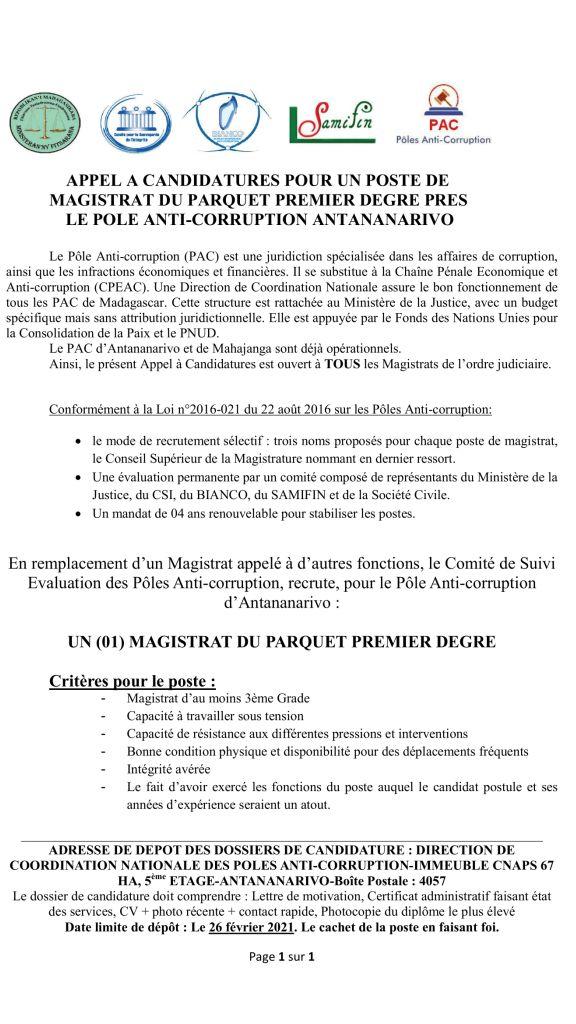 Appel à candidatures pour un poste de Magistrat du Parquet 1er Degré près le PAC Antananarivo