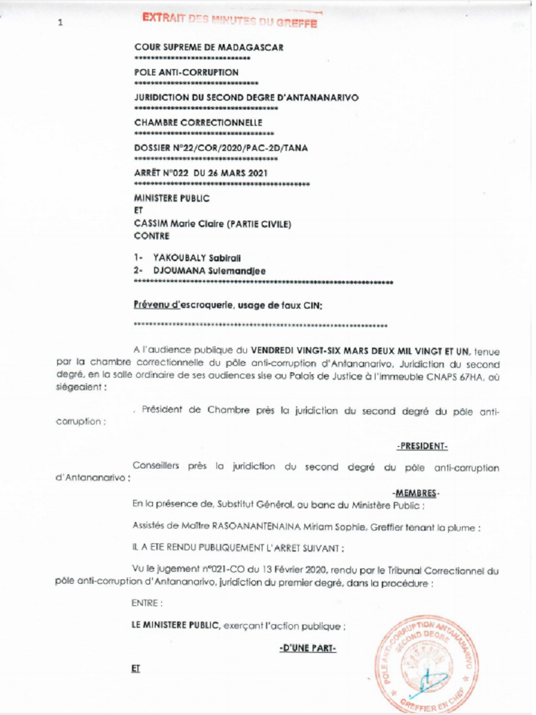 ARRET N°022 DU 26 MARS 2021