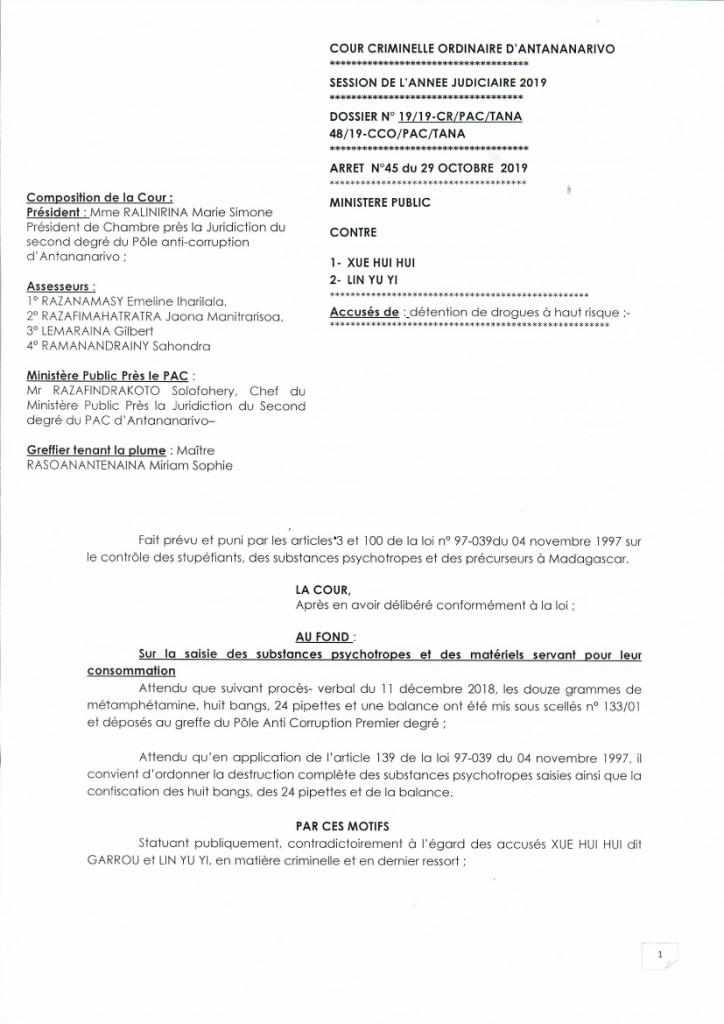 Arrêt N°45 du 29 Octobre 2019 Dossier N° 19/19-CR/PAC/TANA  N°48/19-COO/PAC/TANA