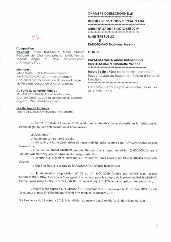 Arrêt N°37 du 18 Octobre 2019 Dossier N°06-COR-V/18/PAC/TANA