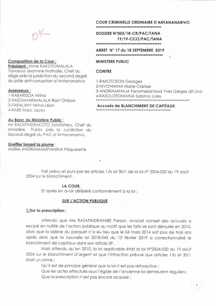 Arrêt N°17 du 18 Septembre 2019 Dossier N°003/18-CR/PAC/TANA    N°19/19- COO/PAC/TANA