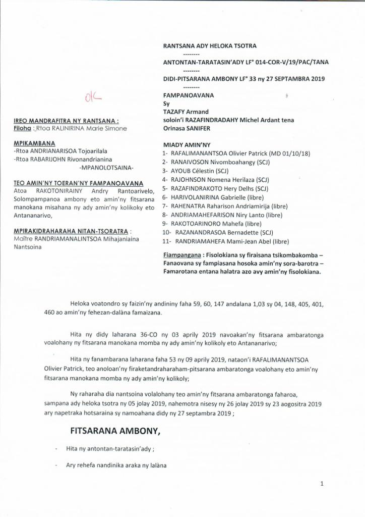 DIDI-PITSARANA LF°33 ny 27 Septambra 2019 ANTONTAN-TARATASIN'ADY LF°014-COR-V/19/PAC/TANA