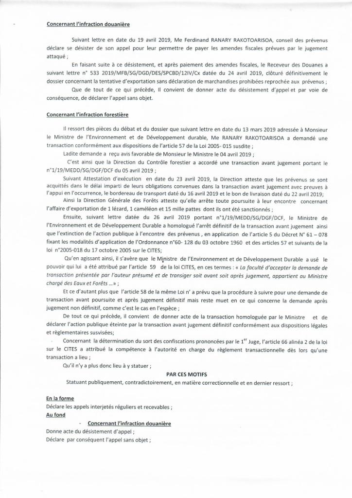 Arrêt N°19 du 24 Mai 2019 Dossier N°009/COR-V/19/PAC/TANA